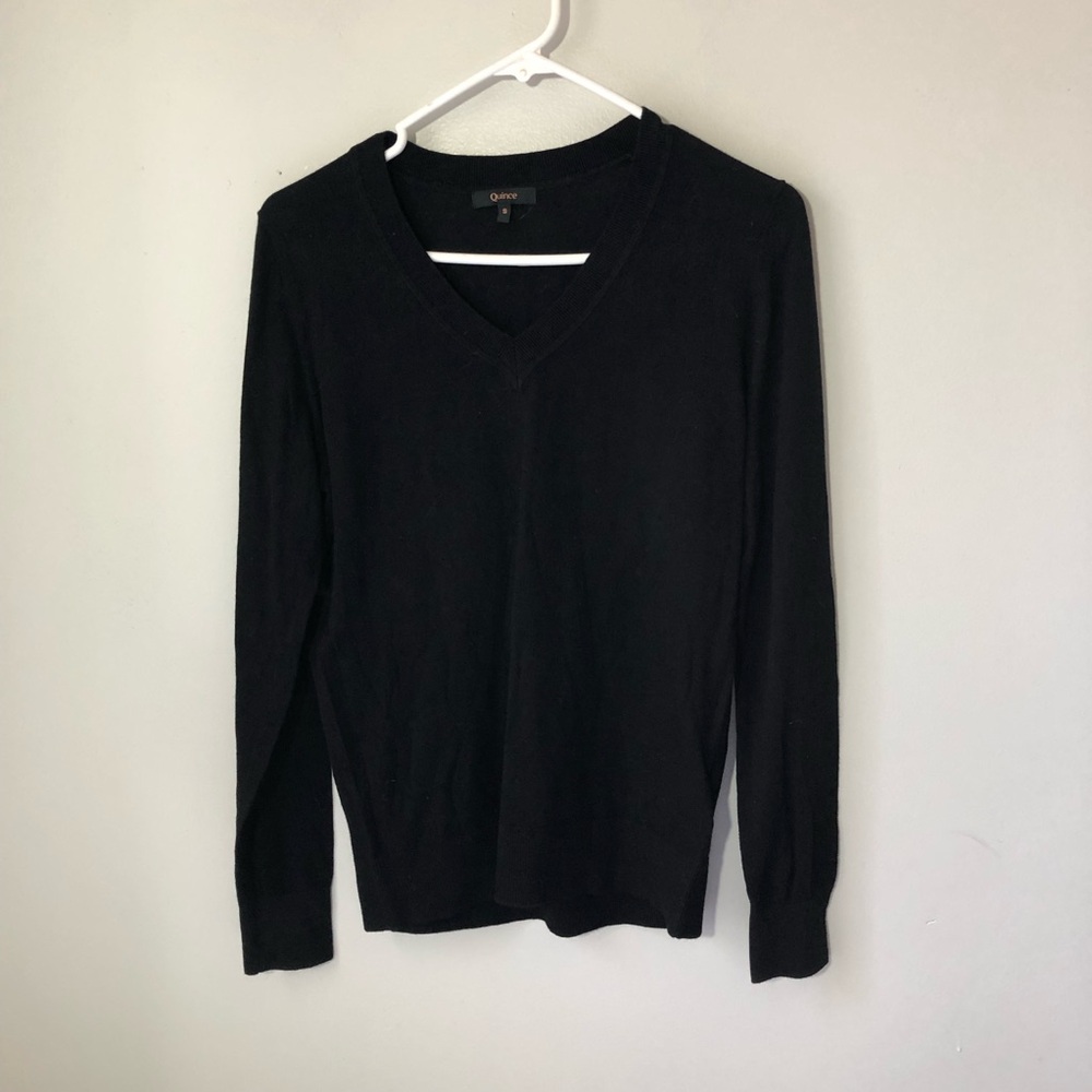 Quince lightweight cotton cashmere women v neck sweater S black basic minimalist - Picture 3 of 11